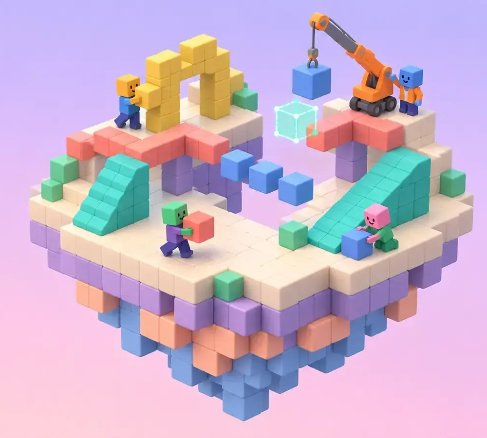 Isometric illustration of a floating island made of colored blocks where small blocky figures build ramps and platforms